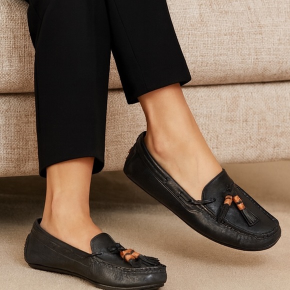 GUCCI Black Leather Bamboo Tassel Driving Loafers Size 37 - Picture 1 of 9